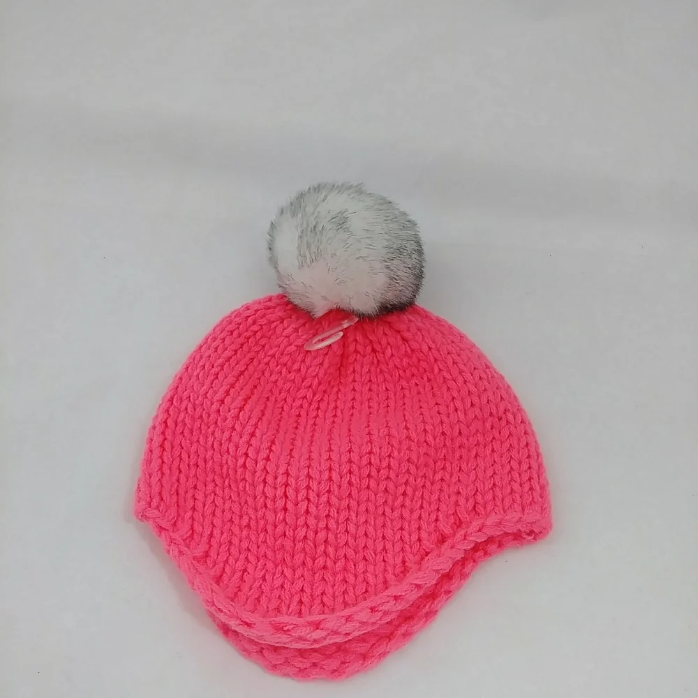 Toddler Girls' Knit Beanie with Faux Fur Pom New Neon Pink